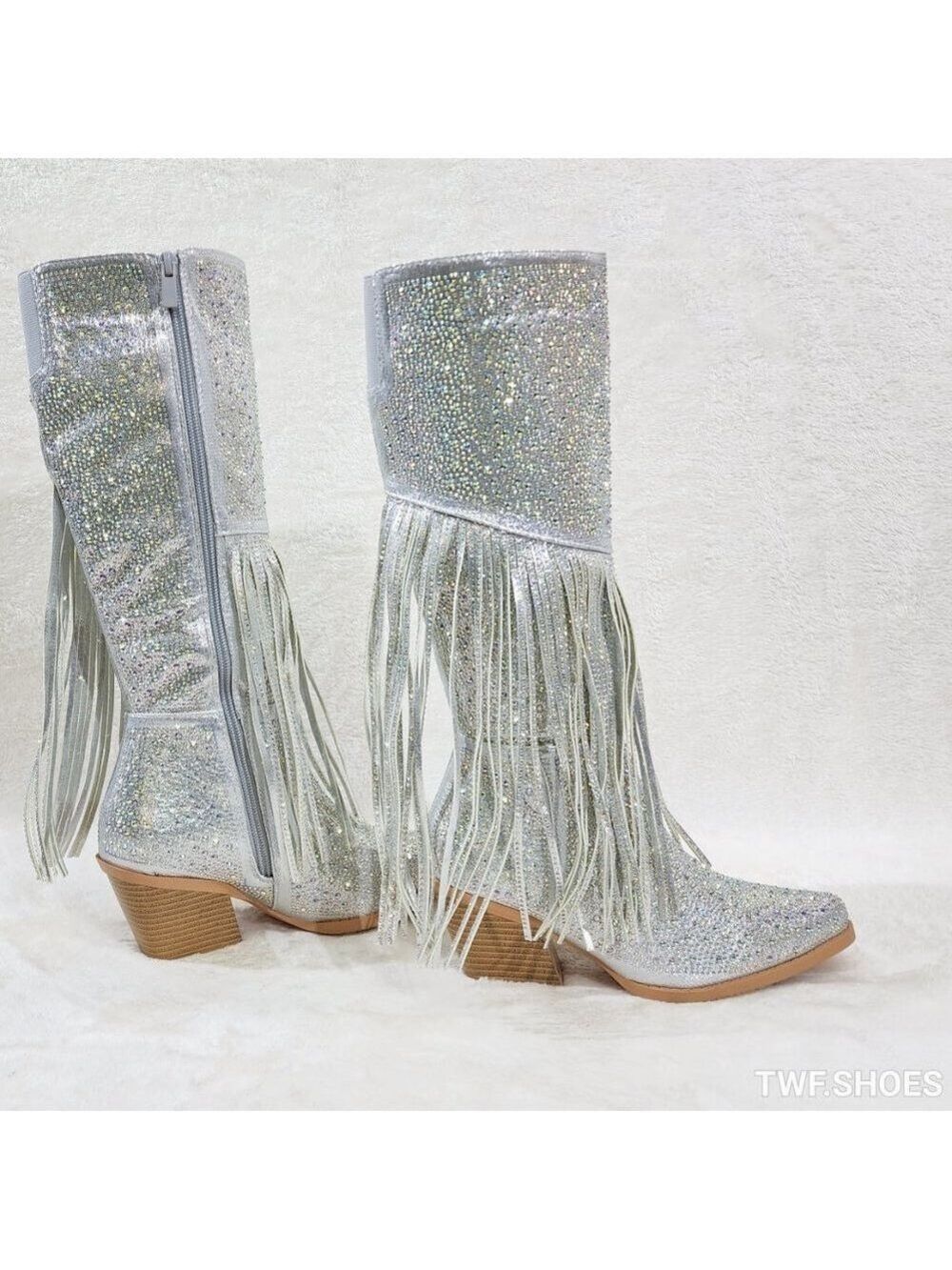 Western Diva Silver Asymmetrical Fringe Rhinestone Glam Cowgirl Boots